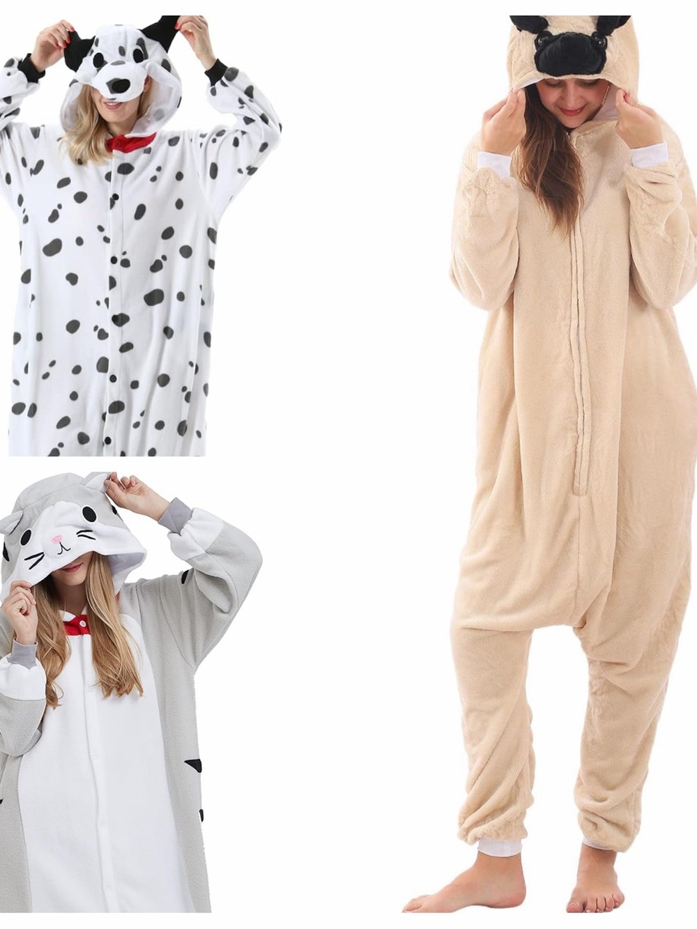 Kids L/XL or women Xs/S 3 Plush Hooded One-Piece Loungewear pug Dalmatian cat